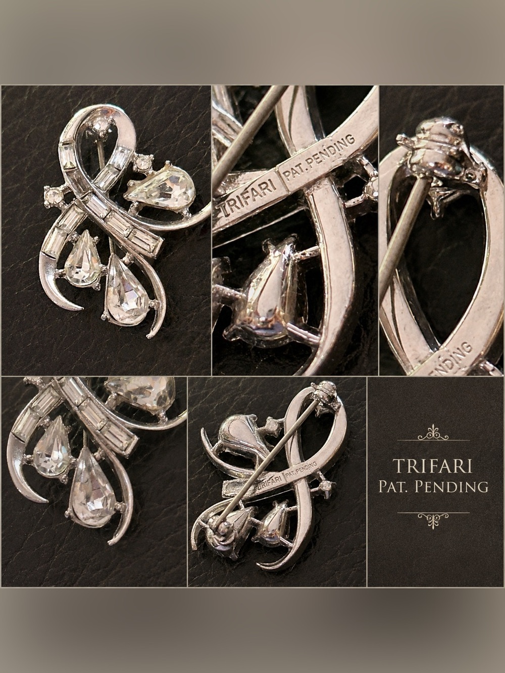 Signed Alfred Philippe Trifari Silver-Tone Clear Crystal Ribbon Brooch